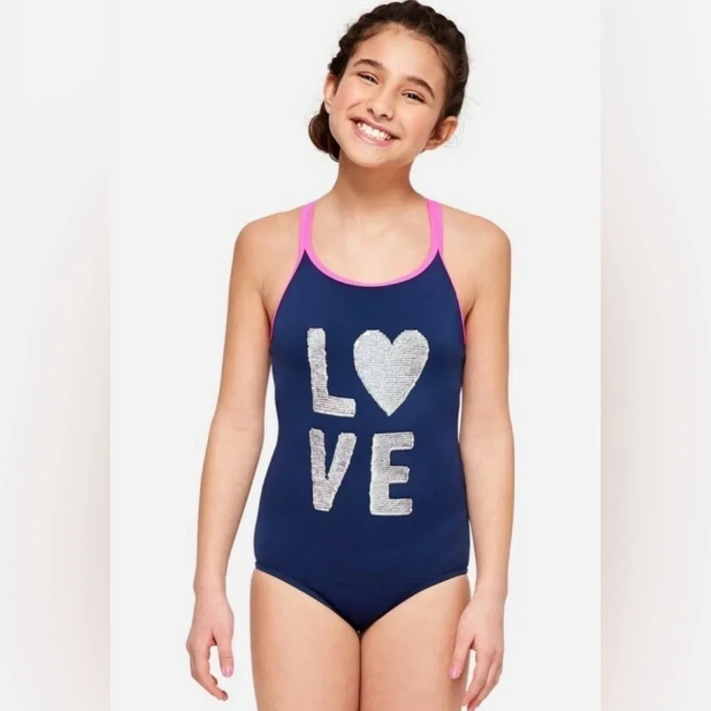 Justice One Piece Swimsuit with Love 💗 Design EUC